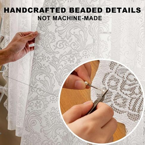 Vintage Lace Curtains Semi Sheer for Windows, Light Filtering Curtains with Pearl Trim, No-Hole Needed, 2 Panels, Bedroom Living Room Decor(52" W x 84" L - Natural White) in Saudi Arabia