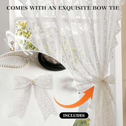 Vintage Lace Curtains Semi Sheer for Windows, Light Filtering Curtains with Pearl Trim, No-Hole Needed, 2 Panels, Bedroom Living Room Decor(52" W x 84" L - Natural White) in Saudi Arabia