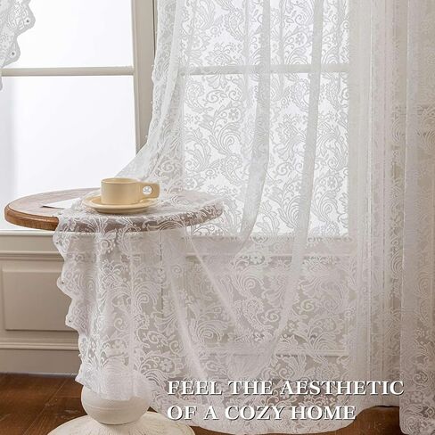 Vintage Lace Curtains Semi Sheer for Windows, Light Filtering Curtains with Pearl Trim, No-Hole Needed, 2 Panels, Bedroom Living Room Decor(52" W x 84" L - Natural White) in Saudi Arabia