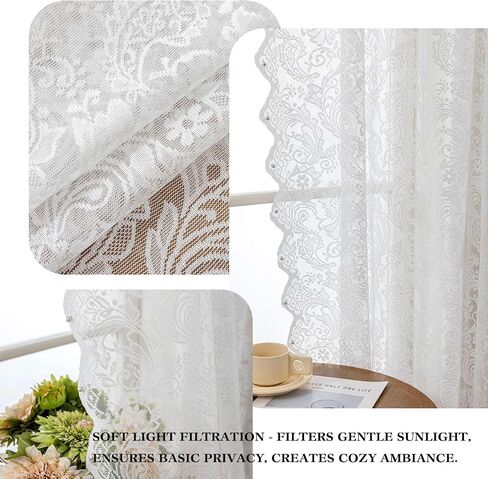 Vintage Lace Curtains Semi Sheer for Windows, Light Filtering Curtains with Pearl Trim, No-Hole Needed, 2 Panels, Bedroom Living Room Decor(52" W x 84" L - Natural White) in Saudi Arabia