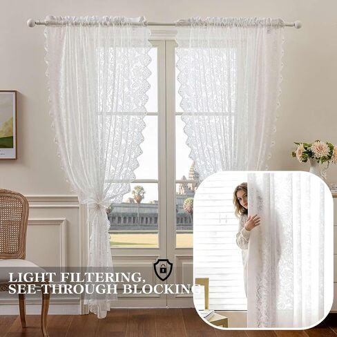 Vintage Lace Curtains Semi Sheer for Windows, Light Filtering Curtains with Pearl Trim, No-Hole Needed, 2 Panels, Bedroom Living Room Decor(52" W x 84" L - Natural White) in Saudi Arabia
