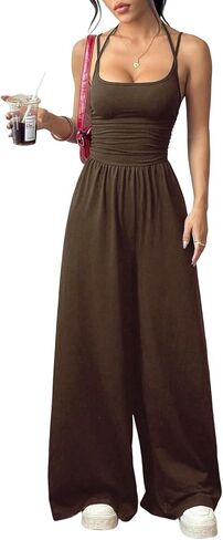 Voghtic Women's Spaghetti Strap Wide Leg Jumpsuit Ruched Waist Casual Summer One Piece Sleeveless Flowy Jumpsuits in Saudi Arabia