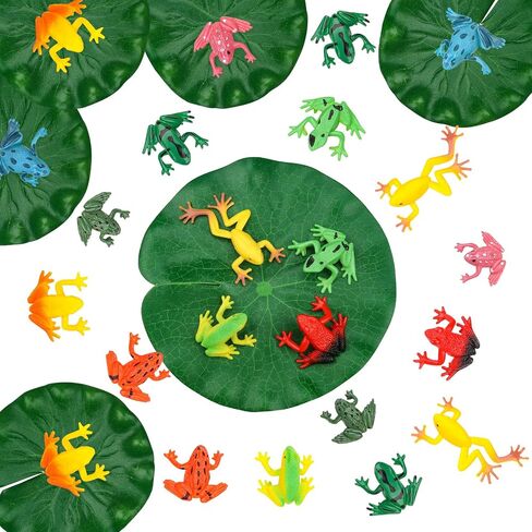 24 Pieces Mini Plastic Frog Toys and Artificial Lily Pads, Include Colorful Realistic Frogs Rainforest Animals Figures Character Toys and Floating Foam Leaves for Pool Decor Party Favor in Saudi Arabia