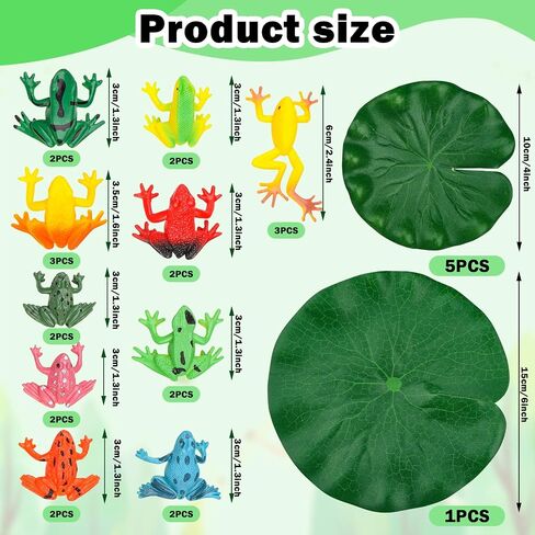 24 Pieces Mini Plastic Frog Toys and Artificial Lily Pads, Include Colorful Realistic Frogs Rainforest Animals Figures Character Toys and Floating Foam Leaves for Pool Decor Party Favor in Saudi Arabia