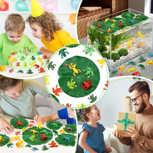 24 Pieces Mini Plastic Frog Toys and Artificial Lily Pads, Include Colorful Realistic Frogs Rainforest Animals Figures Character Toys and Floating Foam Leaves for Pool Decor Party Favor in Saudi Arabia