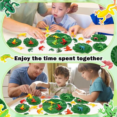 24 Pieces Mini Plastic Frog Toys and Artificial Lily Pads, Include Colorful Realistic Frogs Rainforest Animals Figures Character Toys and Floating Foam Leaves for Pool Decor Party Favor in Saudi Arabia