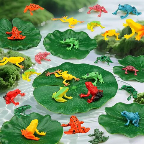 24 Pieces Mini Plastic Frog Toys and Artificial Lily Pads, Include Colorful Realistic Frogs Rainforest Animals Figures Character Toys and Floating Foam Leaves for Pool Decor Party Favor in Saudi Arabia