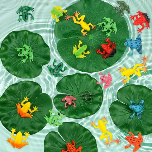 24 Pieces Mini Plastic Frog Toys and Artificial Lily Pads, Include Colorful Realistic Frogs Rainforest Animals Figures Character Toys and Floating Foam Leaves for Pool Decor Party Favor in Saudi Arabia