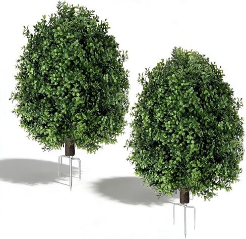 [ More Sturdy ] 2 Pack 25" Artificial Boxwood Topiary Bush Trees Faux Pine Shrubs Plants for Outdoors with Tripod Stake UV Resistant Fake Bushes Ball Trees for Indoor Home Porch Patio Decoration in Saudi Arabia