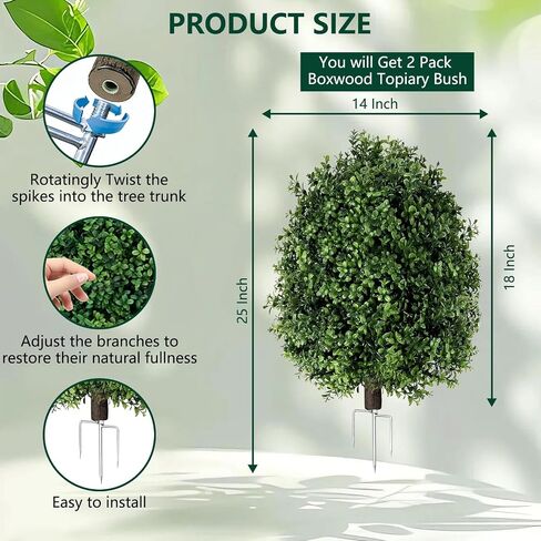 [ More Sturdy ] 2 Pack 25" Artificial Boxwood Topiary Bush Trees Faux Pine Shrubs Plants for Outdoors with Tripod Stake UV Resistant Fake Bushes Ball Trees for Indoor Home Porch Patio Decoration in Saudi Arabia