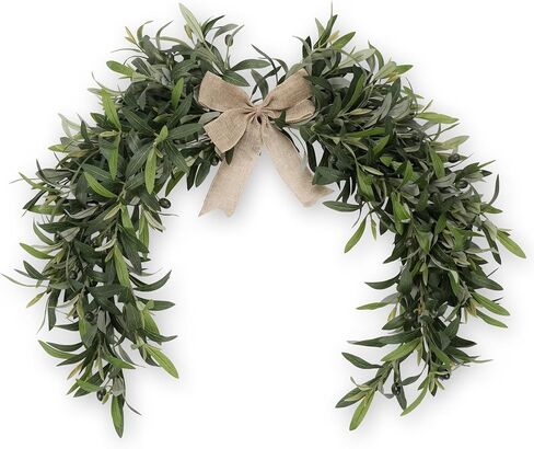 Artificial Olive Branch Swag with Burlap Bow, 24 Inch Faux Olive Leaves Teardrop Garland for Front Door, Modern Farmhouse Greenery Decor for Wall, Mantle, Window & Above Mirror in Kuwait