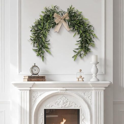 Artificial Olive Branch Swag with Burlap Bow, 24 Inch Faux Olive Leaves Teardrop Garland for Front Door, Modern Farmhouse Greenery Decor for Wall, Mantle, Window & Above Mirror in Kuwait