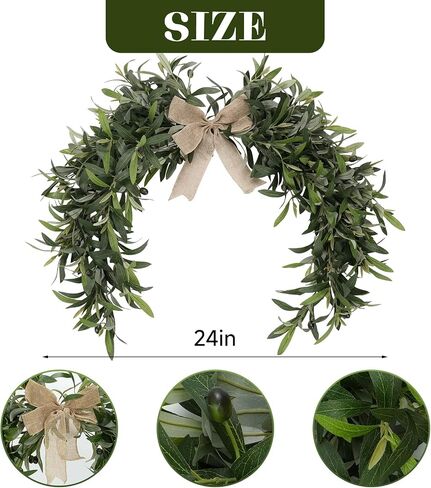 Artificial Olive Branch Swag with Burlap Bow, 24 Inch Faux Olive Leaves Teardrop Garland for Front Door, Modern Farmhouse Greenery Decor for Wall, Mantle, Window & Above Mirror in Kuwait