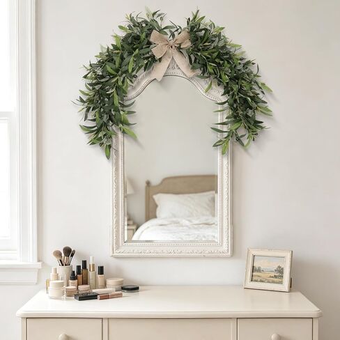 Artificial Olive Branch Swag with Burlap Bow, 24 Inch Faux Olive Leaves Teardrop Garland for Front Door, Modern Farmhouse Greenery Decor for Wall, Mantle, Window & Above Mirror in Kuwait