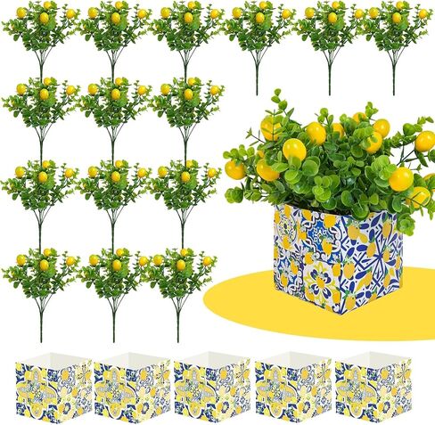 Amalfi Coast Party Decorations – 5 Set Blue Tiles Lemon Table Centerpieces with Artificial Lemons & Branches, Mediterranean Capri Themed Decor Box for Wedding, Bridal Shower, Baby Shower in Saudi Arabia