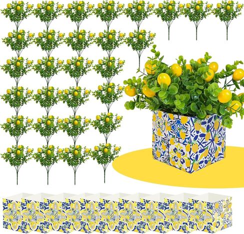 Amalfi Coast Party Decorations – 5 Set Blue Tiles Lemon Table Centerpieces with Artificial Lemons & Branches, Mediterranean Capri Themed Decor Box for Wedding, Bridal Shower, Baby Shower in Saudi Arabia