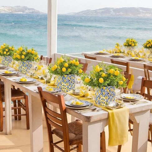 Amalfi Coast Party Decorations – 5 Set Blue Tiles Lemon Table Centerpieces with Artificial Lemons & Branches, Mediterranean Capri Themed Decor Box for Wedding, Bridal Shower, Baby Shower in Saudi Arabia