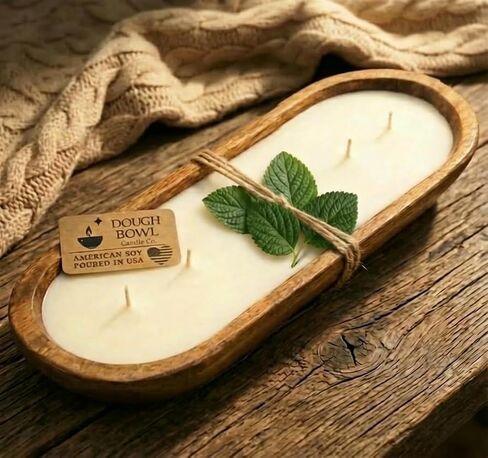 Dough Bowl Candle Co. Wooden Bowl Candle - 20 Oz. 10x6x2 3-Wick Large Lavender Soy Candles for Home Scented, Long Lasting Aromatherapy for Women and Men with Up to 40H Burn Time, Decoration Gifts in Saudi Arabia