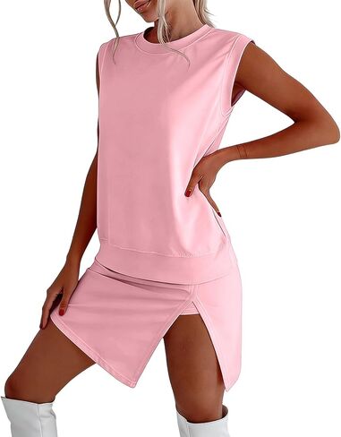 Skort Sets Women 2 Piece Outfits Summer Casual Side Split Athletic Skirt Matching Tank Top Vacation Short Lounge Sets in Kuwait