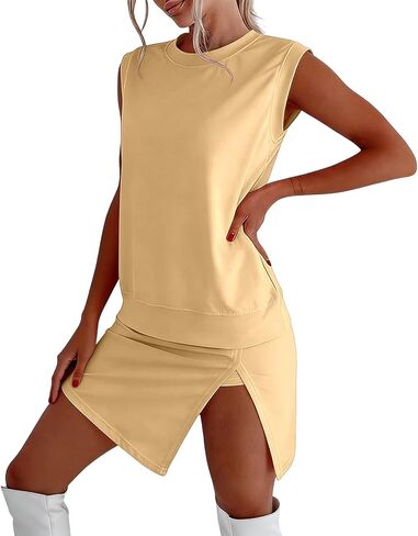 Skort Sets Women 2 Piece Outfits Summer Casual Side Split Athletic Skirt Matching Tank Top Vacation Short Lounge Sets in Kuwait