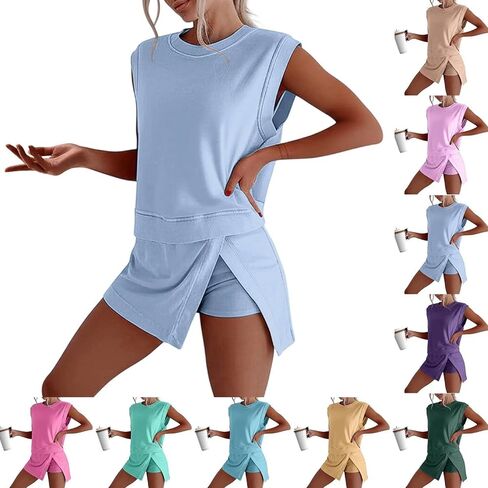 Skort Sets Women 2 Piece Outfits Summer Casual Side Split Athletic Skirt Matching Tank Top Vacation Short Lounge Sets in Kuwait
