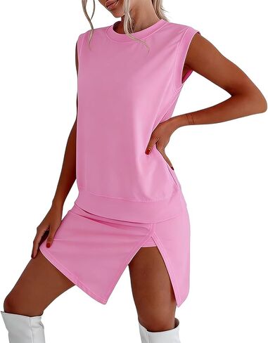 Skort Sets Women 2 Piece Outfits Summer Casual Side Split Athletic Skirt Matching Tank Top Vacation Short Lounge Sets in Kuwait