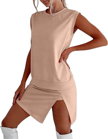 Skort Sets Women 2 Piece Outfits Summer Casual Side Split Athletic Skirt Matching Tank Top Vacation Short Lounge Sets in Kuwait