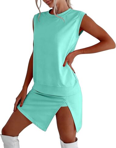 Skort Sets Women 2 Piece Outfits Summer Casual Side Split Athletic Skirt Matching Tank Top Vacation Short Lounge Sets in Kuwait