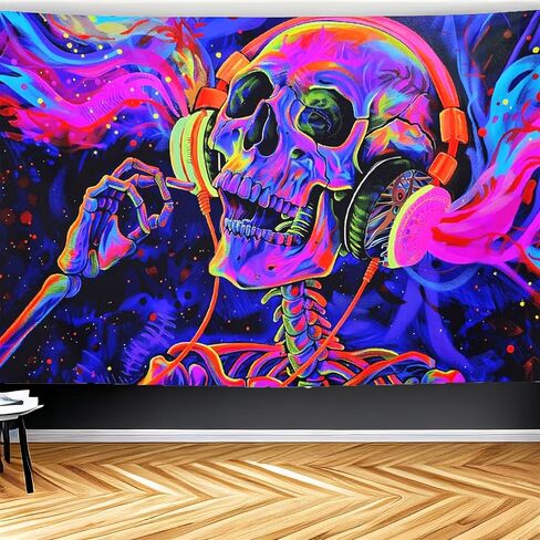 CJSLIFEART Blacklight Skull Tapestry Headphones Music Poster Tapestry Wall Decoration Wall Hanging(40x60inch) in Saudi Arabia