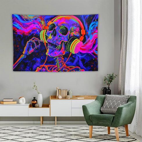 CJSLIFEART Blacklight Skull Tapestry Headphones Music Poster Tapestry Wall Decoration Wall Hanging(40x60inch) in Saudi Arabia