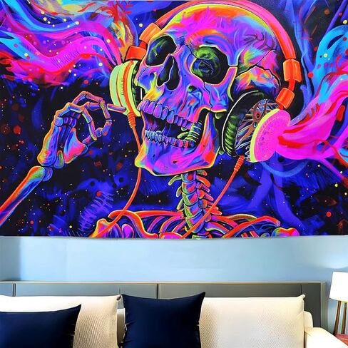 CJSLIFEART Blacklight Skull Tapestry Headphones Music Poster Tapestry Wall Decoration Wall Hanging(40x60inch) in Saudi Arabia