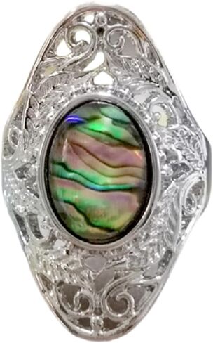 925 Sterling Silver Women's Vintage Filigree Swirl Colorful Oval Abalone Shell Handmade Single Stone Ring Bohemian Silver Jewelry in Saudi Arabia