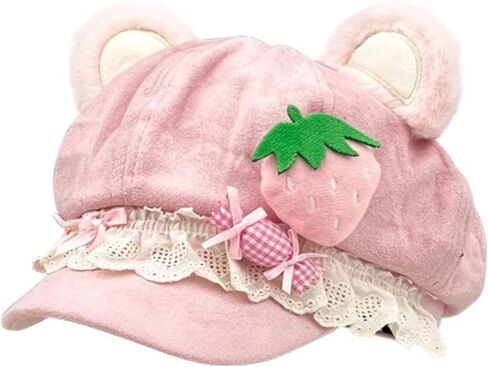 Y2K Cutecore Kawaii قبعة بيريه النساء كعكة الفراولة آذان القط قبعة الحلو الجلد المدبوغ موزع الصحف 2000s الملابس والاكسسوارات in Kuwait