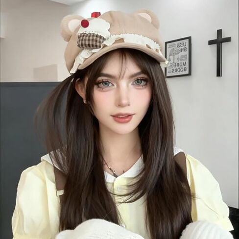 Y2K Cutecore Kawaii قبعة بيريه النساء كعكة الفراولة آذان القط قبعة الحلو الجلد المدبوغ موزع الصحف 2000s الملابس والاكسسوارات in Kuwait
