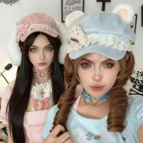 Y2K Cutecore Kawaii قبعة بيريه النساء كعكة الفراولة آذان القط قبعة الحلو الجلد المدبوغ موزع الصحف 2000s الملابس والاكسسوارات in Kuwait