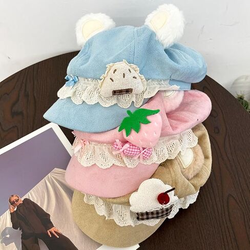 Y2K Cutecore Kawaii قبعة بيريه النساء كعكة الفراولة آذان القط قبعة الحلو الجلد المدبوغ موزع الصحف 2000s الملابس والاكسسوارات in Kuwait