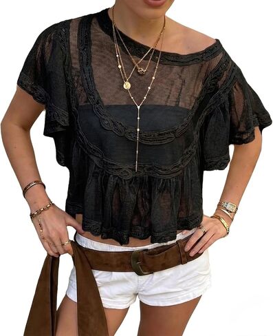 Womens Sheer Poncho Top Lace Mesh Cover Up Peplum Blouse See Through Boho Beach Going Out Tops in Saudi Arabia