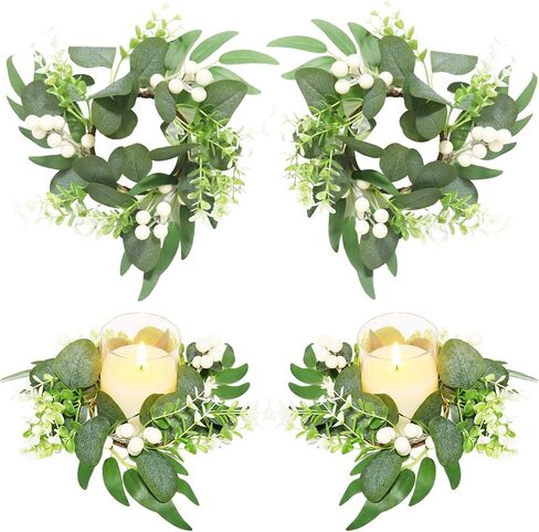 4PCS Small Spring Candle Wreath Rings 4" Center Eucalyptus Greenery Floral Ring Wreaths for Kitchen Cabinets Farmhouse Indoor Window Table Centerpieces in Saudi Arabia