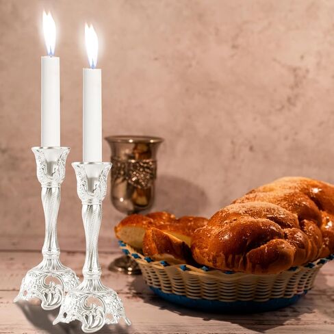 Shabbat Candles Holders Set of 2 - Silver Plated Shabbat Candlesticks, Vintage Silver Jewish Holder for Shabbos Candles, Havdalah Gifts for Holiday (Silver) in Saudi Arabia