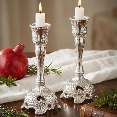 Shabbat Candles Holders Set of 2 - Silver Plated Shabbat Candlesticks, Vintage Silver Jewish Holder for Shabbos Candles, Havdalah Gifts for Holiday (Silver) in Saudi Arabia