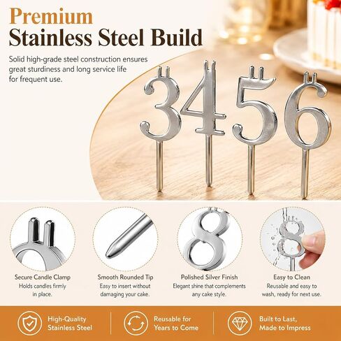 10 PCS Reusable Number Candle Holder Set, Metal Number Candle Holders Stand 0-9 Digital Stainless Steel Birthday Cake Candle Holder - Cake Topper Decorations in Saudi Arabia