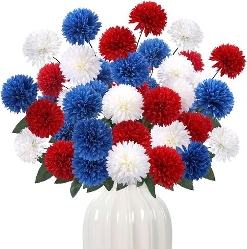 36 PCS Red White and Blue Flowers Artificial Chrysanthemum Patriotic Flowers Fake Mums Memorial Day Flower for 4th of July Decor Patriotic Grave Table Centerpieces Home Decor Indoor Outdoor in Saudi Arabia