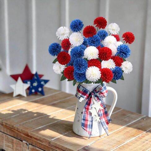 36 PCS Red White and Blue Flowers Artificial Chrysanthemum Patriotic Flowers Fake Mums Memorial Day Flower for 4th of July Decor Patriotic Grave Table Centerpieces Home Decor Indoor Outdoor in Saudi Arabia
