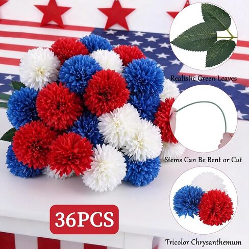 36 PCS Red White and Blue Flowers Artificial Chrysanthemum Patriotic Flowers Fake Mums Memorial Day Flower for 4th of July Decor Patriotic Grave Table Centerpieces Home Decor Indoor Outdoor in Saudi Arabia