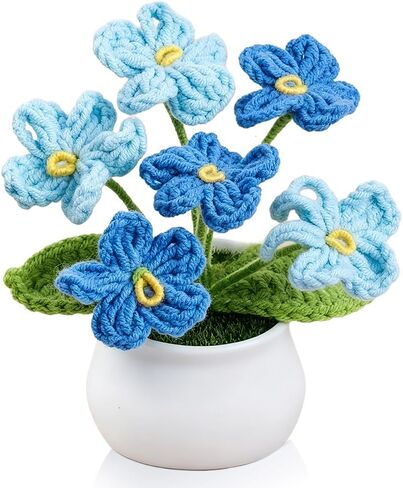 زهور الكروشيه، زرقاء اصطناعية محبوكة Forget-Me-Not Floral ديكور مصنوع يدويًا من خيوط الكروشيه زهرة مع وعاء لطيف ديكور مكتب هدية للنساء عيد ميلاد المعلم وهدية التخرج in Kuwait