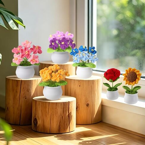 زهور الكروشيه، زرقاء اصطناعية محبوكة Forget-Me-Not Floral ديكور مصنوع يدويًا من خيوط الكروشيه زهرة مع وعاء لطيف ديكور مكتب هدية للنساء عيد ميلاد المعلم وهدية التخرج in Kuwait