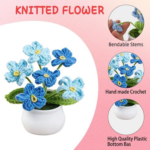 زهور الكروشيه، زرقاء اصطناعية محبوكة Forget-Me-Not Floral ديكور مصنوع يدويًا من خيوط الكروشيه زهرة مع وعاء لطيف ديكور مكتب هدية للنساء عيد ميلاد المعلم وهدية التخرج in Kuwait