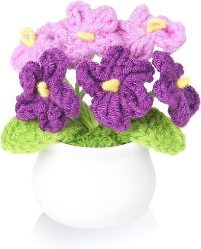 زهور الكروشيه، زرقاء اصطناعية محبوكة Forget-Me-Not Floral ديكور مصنوع يدويًا من خيوط الكروشيه زهرة مع وعاء لطيف ديكور مكتب هدية للنساء عيد ميلاد المعلم وهدية التخرج in Kuwait