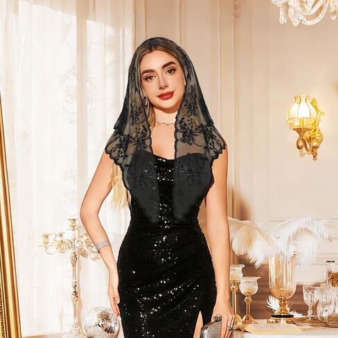 Lace Triangle Veil, Mantilla Cathedral Wedding Veil Latin Black Floral Catholic Veils for Church Women Mass Head Covering Wedding Bridal in Saudi Arabia