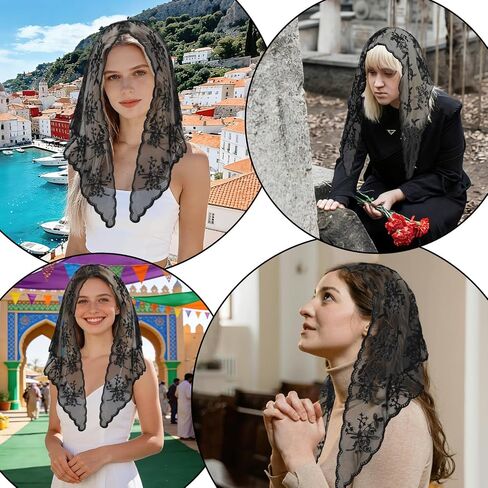 Lace Triangle Veil, Mantilla Cathedral Wedding Veil Latin Black Floral Catholic Veils for Church Women Mass Head Covering Wedding Bridal in Saudi Arabia